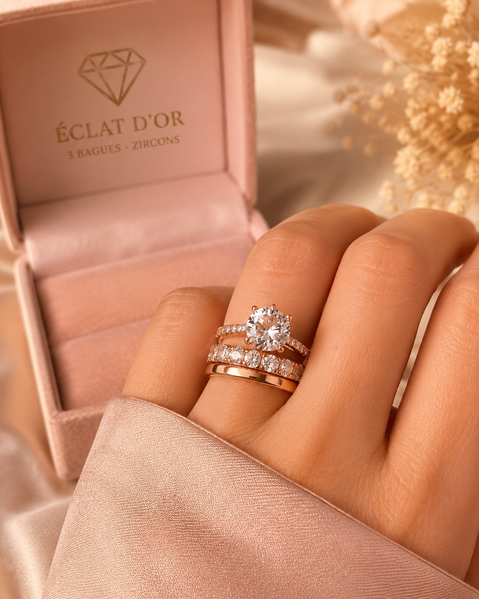 Coffret Luxe 3 Bagues Femme Dorées & Zircon Brillant
