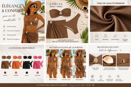 Bikini Bandeau 3 Pièces | Push-Up, Jupe Mesh & Détail Métal | Maillot de Bain Femme