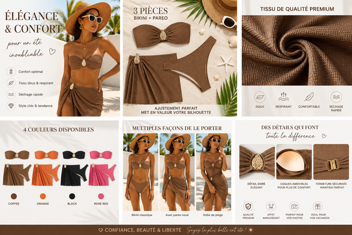 Bikini Bandeau 3 Pièces | Push-Up, Jupe Mesh & Détail Métal | Maillot de Bain Femme