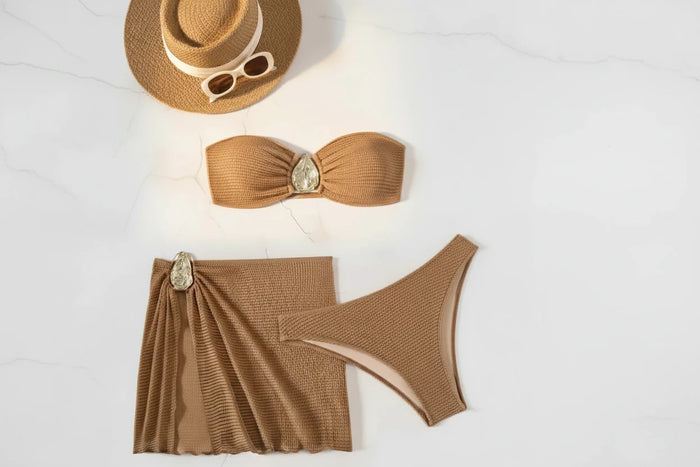 Bikini Bandeau 3 Pièces | Push-Up, Jupe Mesh & Détail Métal | Maillot de Bain Femme
