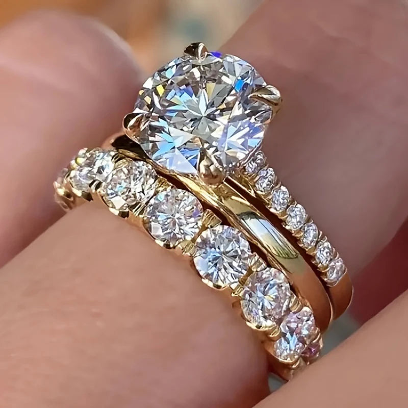 Coffret Luxe 3 Bagues Femme Dorées & Zircon Brillant