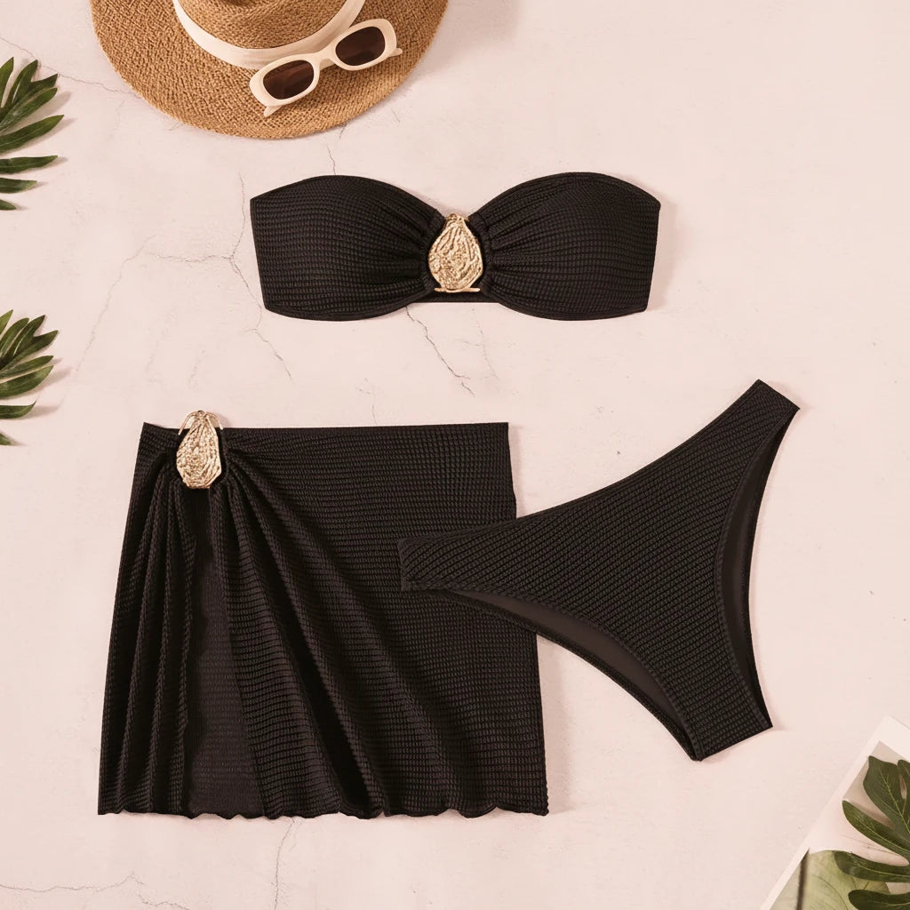 Bikini Bandeau 3 Pièces | Push-Up, Jupe Mesh & Détail Métal | Maillot de Bain Femme