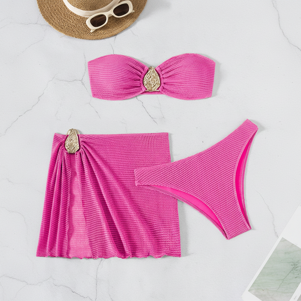 Bikini Bandeau 3 Pièces | Push-Up, Jupe Mesh & Détail Métal | Maillot de Bain Femme